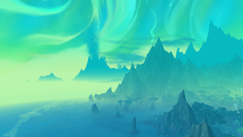 A serene landscape features towering mountains, a misty shoreline, and an ethereal aurora lighting up the sky in vibrant teal and green hues.