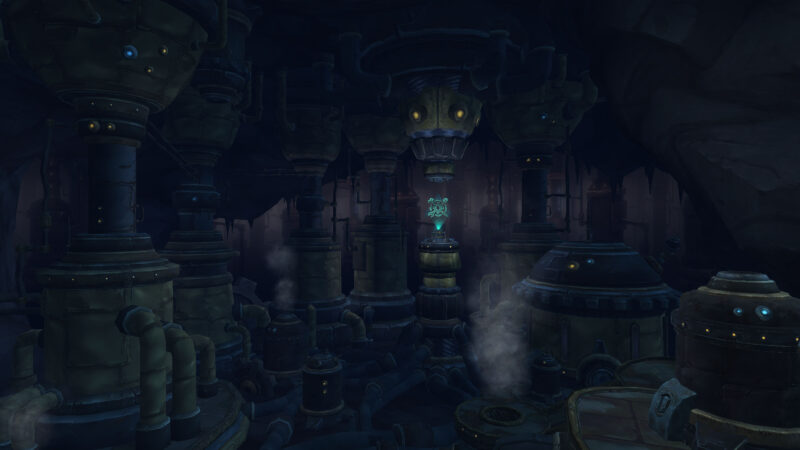 A dimly lit underground chamber filled with large, industrial pipes, tanks, and machinery, featuring glowing lights and steam billowing from various sources within the cavernous space.