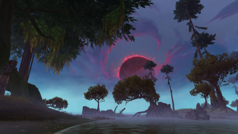 A dark, ominous sky filled with swirling clouds encircles a deep red sun, casting shadows over a misty landscape with twisted trees and a serene water foreground.