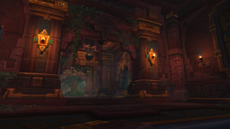 Ancient stone architecture adorned with glowing lanterns and lush vines, creating a mysterious atmosphere in a dimly lit temple corridor.