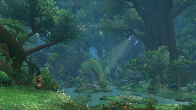 A lush, vibrant forest scene featuring towering trees, dense foliage, blooming flowers, and a serene stream reflecting soft light amidst a tranquil, magical atmosphere.