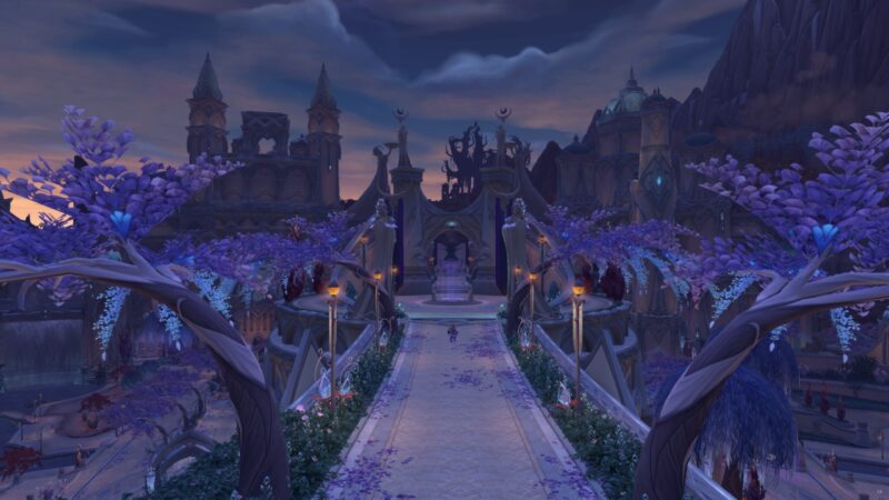 A majestic landscape featuring elaborate architecture, purple trees, and a serene pathway leading toward a grand structure against a twilight sky, enhancing the enchanting atmosphere.