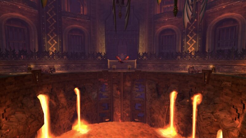 A dramatic arena features flowing lava, stone walls adorned with ornate patterns, and a high ceiling illuminated by flickering torches, creating an intense, fiery atmosphere.