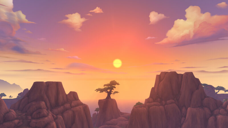 A vibrant sunset illuminates rocky cliffs adorned with a solitary tree, casting soft orange and pink hues across the sky and surrounding landscape.