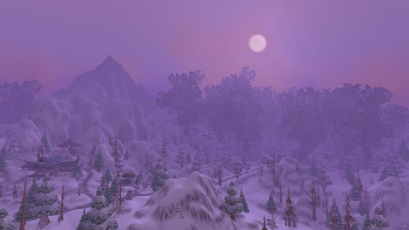 A serene snowy landscape under a purple-tinted sky, featuring distant mountains, dense trees, and a soft glowing sun creating a tranquil atmosphere.