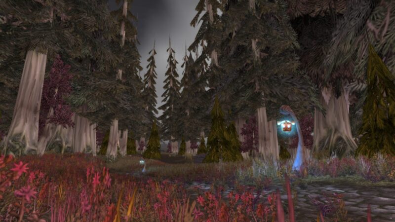 A misty forest scene features tall, dark trees and vibrant pink and purple foliage, with glowing blue orbs illuminating the path amidst lush greenery.