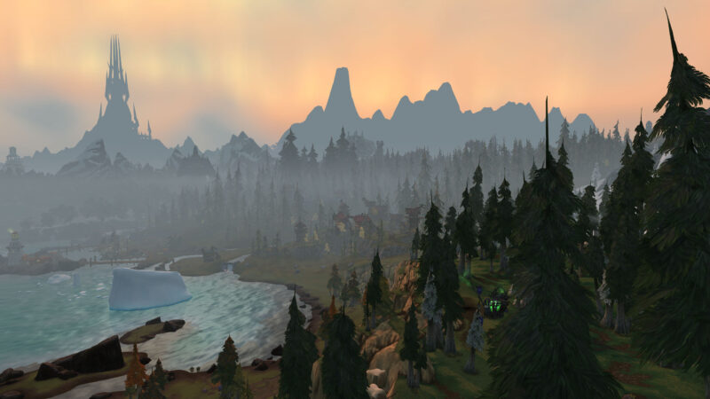 A foggy landscape features a serene lake bordered by dark forests, distant mountains, and a mystical spire looming in the background against a pastel sunset.