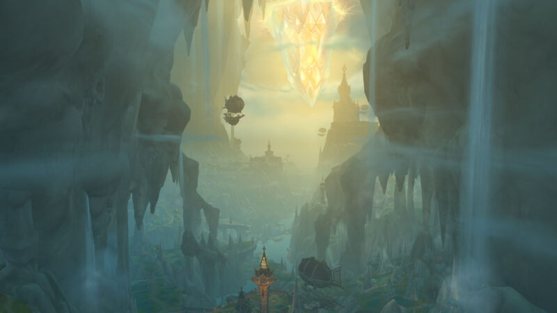 A breathtaking vista reveals towering cliffs with waterfalls, a distant city bathed in golden light, and airships floating among misty, ethereal clouds.
