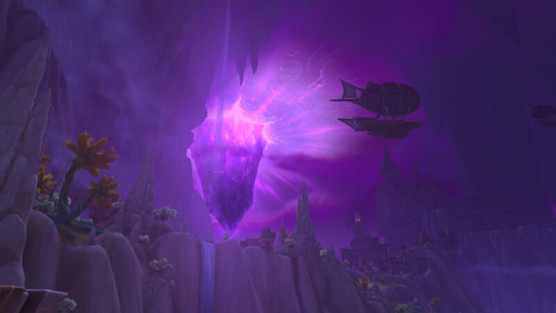 A purple crystal floats amidst dark cliffs, emitting a glowing light in a mystical cloud-filled sky, while airships sail in the background.