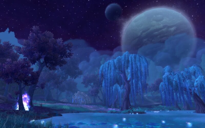 A serene night landscape features glowing willow trees beside a tranquil pond, under a starry sky with two prominent moons casting a soft luminescence over the scene.