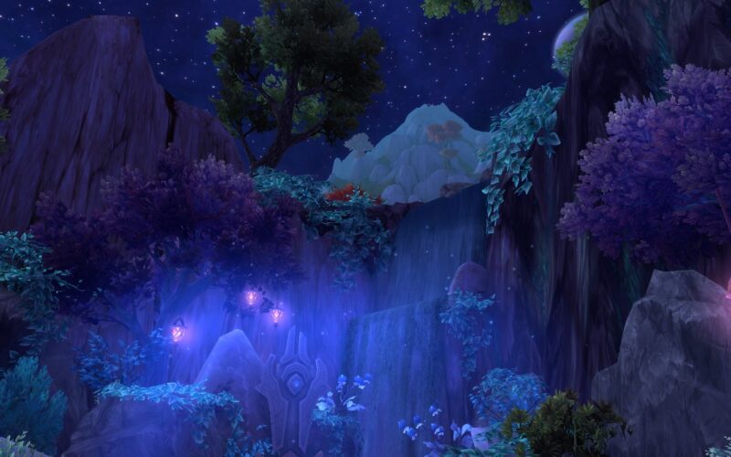 A mystical landscape features glowing plants, cascading waterfalls, and vibrant purple foliage under a starry night sky, highlighted by ethereal blue light.