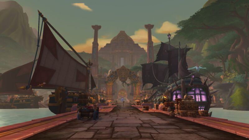 A picturesque port scene features a wide stone pathway flanked by two large ships, with ancient ruins and lush trees in the background under a vibrant sky.